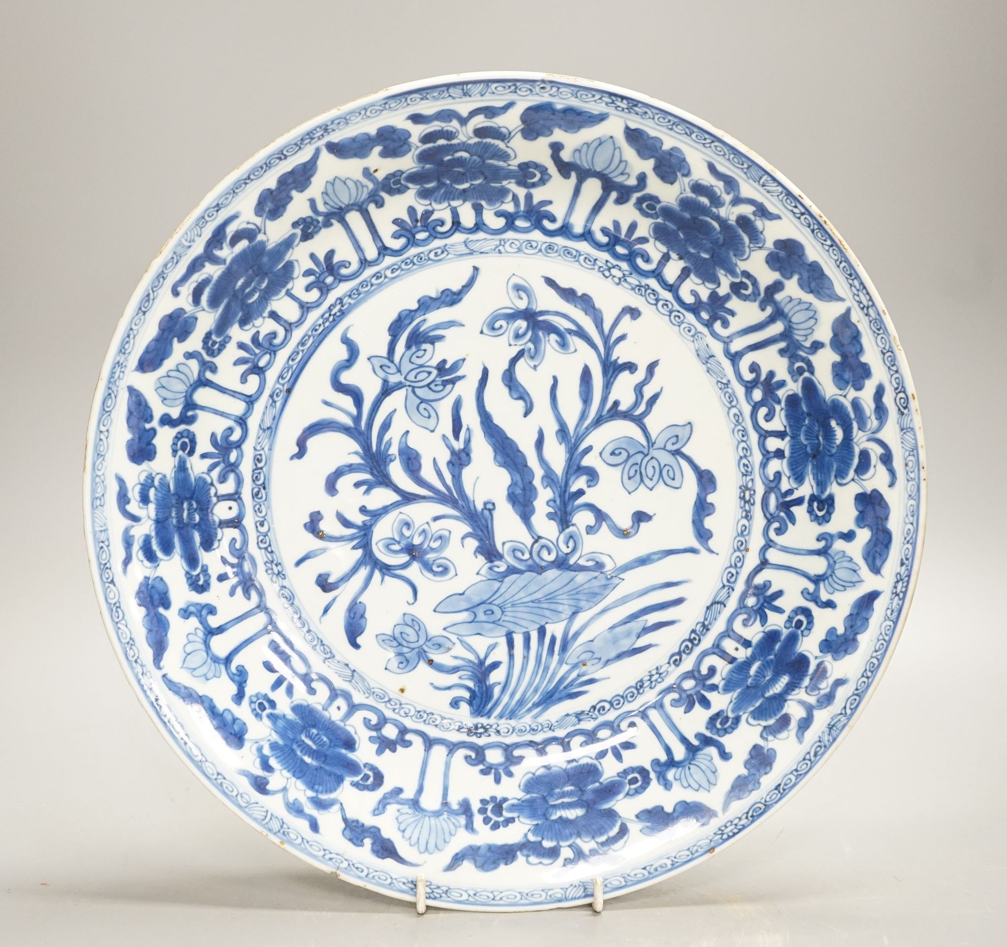 A Chinese blue and white ‘lotus’ dish, Kangxi period, 35cm